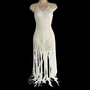 Forever 21 Crochet Halter Top Dress L Fringe Tassel Beachy Cover Fairy Open Knit